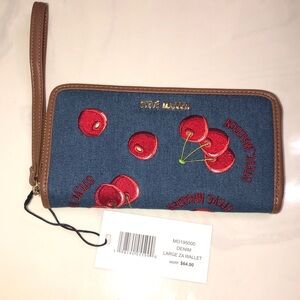Steve Madden Denim Large ZA Wallet Embroidered Red Cherry Print & Strap NWT